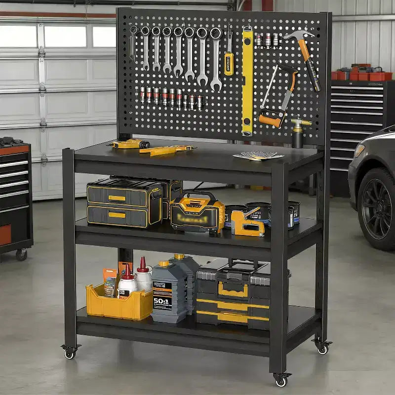 18" 3-Tier Metal Shelving Unit with Pegboard