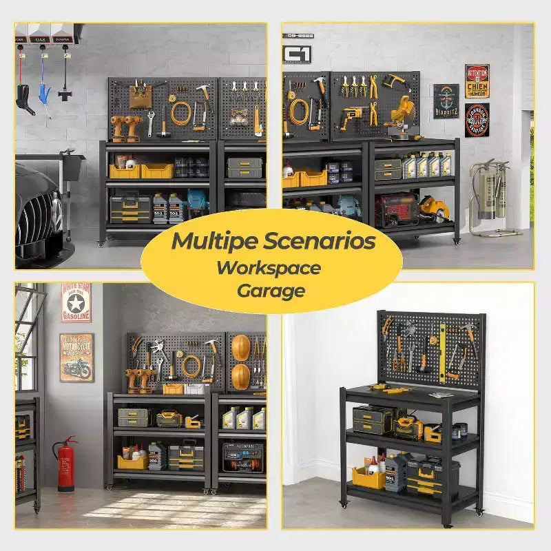 18" 3-Tier Metal Shelving Unit with Pegboard