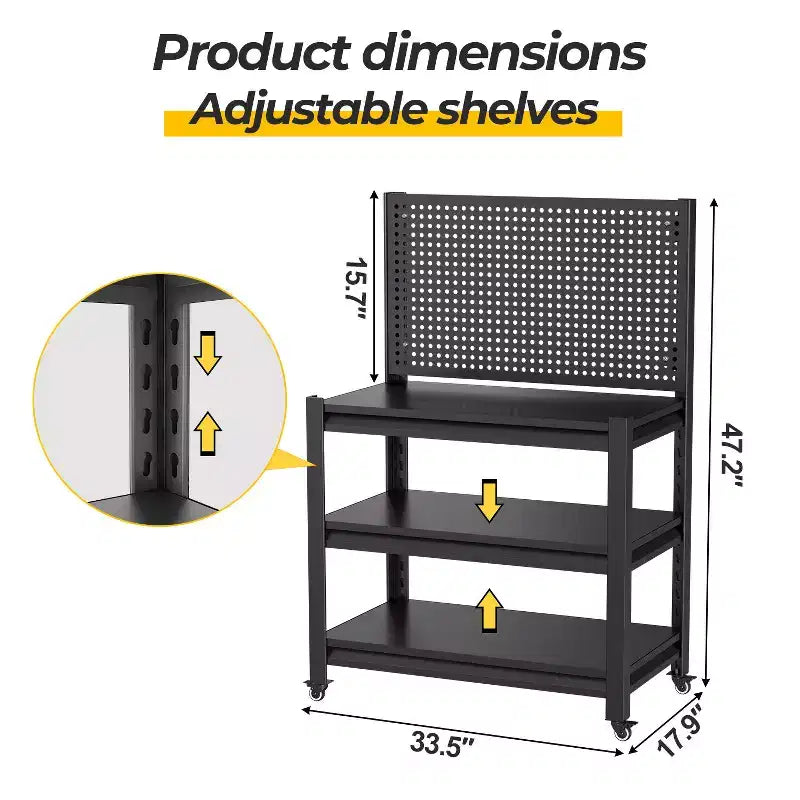 18" 3-Tier Metal Shelving Unit with Pegboard