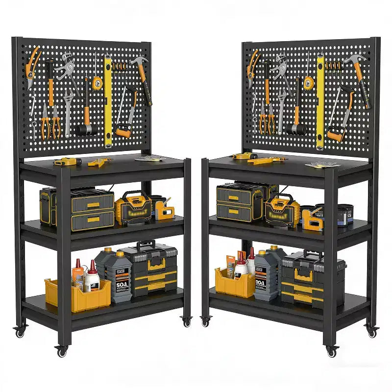 18" 3-Tier Metal Shelving Unit with Pegboard