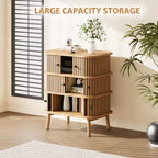 3-Drawer Dresser with Wicker Sliding Door and Wooden Legs, Oak Finish