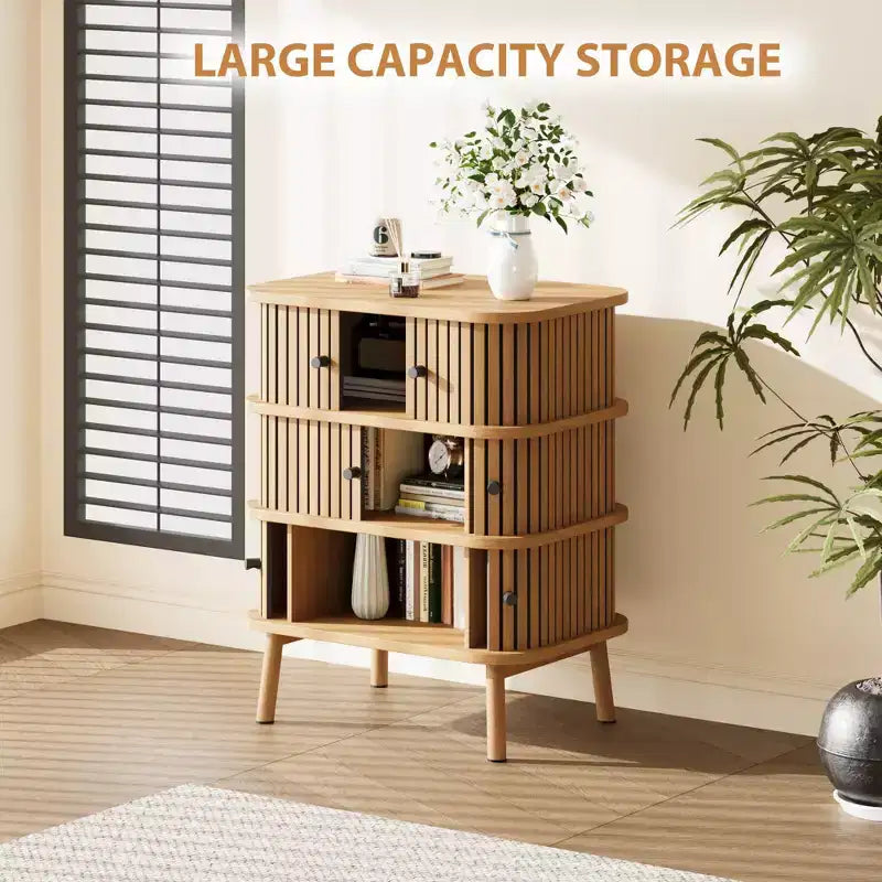 3-Drawer Dresser with Wicker Sliding Door and Wooden Legs, Oak Finish