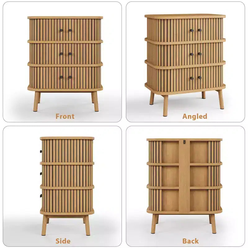 3-Drawer Dresser with Wicker Sliding Door and Wooden Legs, Oak Finish