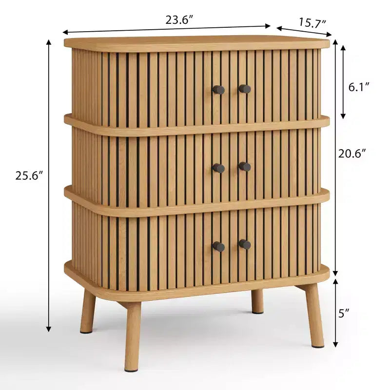 3-Drawer Dresser with Wicker Sliding Door and Wooden Legs, Oak Finish