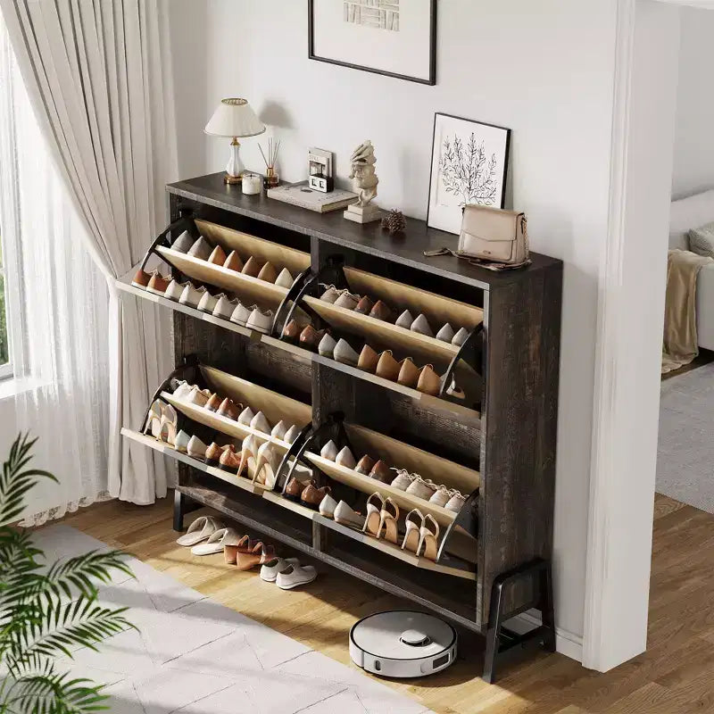4-Door Flip Drawer Narrow Shoe Cabinet with Adjustable Shelves and Metal Legs