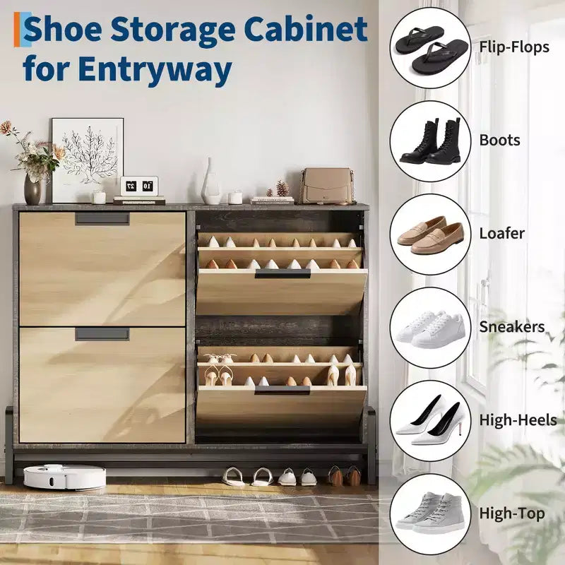 4-Door Flip Drawer Narrow Shoe Cabinet with Adjustable Shelves and Metal Legs