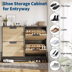4-Door Flip Drawer Narrow Shoe Cabinet with Adjustable Shelves and Metal Legs