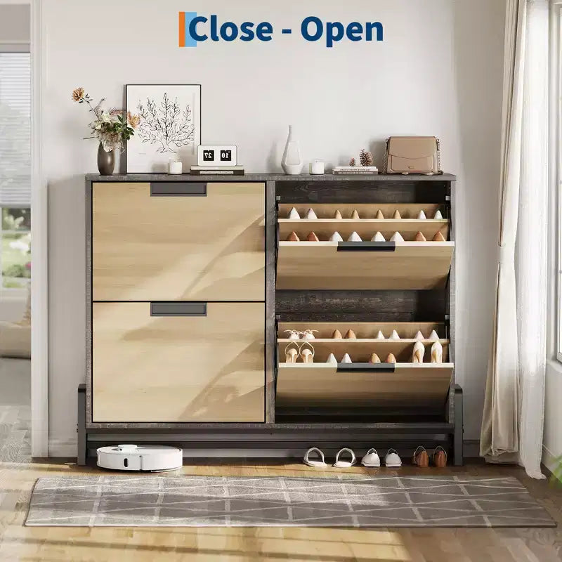 4-Door Flip Drawer Narrow Shoe Cabinet with Adjustable Shelves and Metal Legs