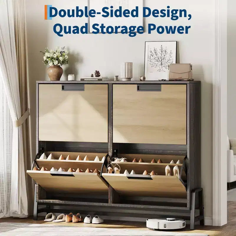 4-Door Flip Drawer Narrow Shoe Cabinet with Adjustable Shelves and Metal Legs