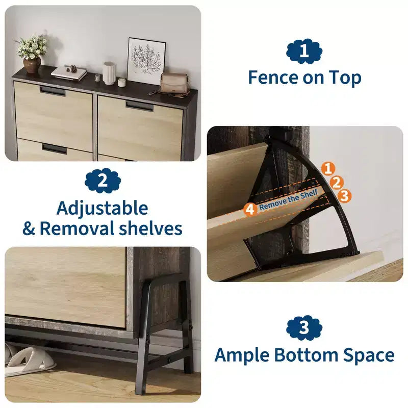 4-Door Flip Drawer Narrow Shoe Cabinet with Adjustable Shelves and Metal Legs