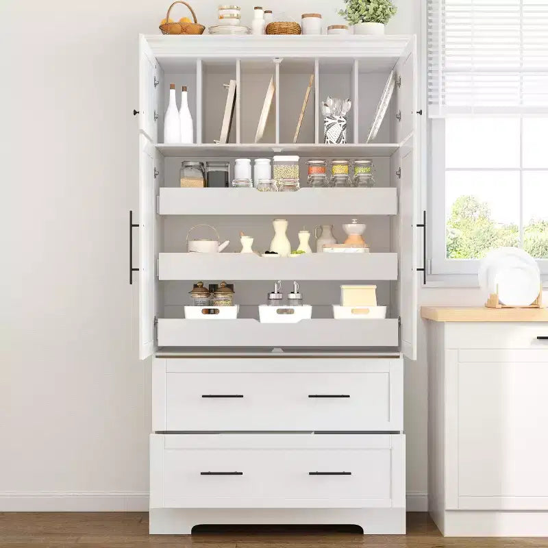 72-Inch Freestanding Kitchen Pantry Cabinet with Drawers, Pull-Out Trays, and Cake Pan Storage