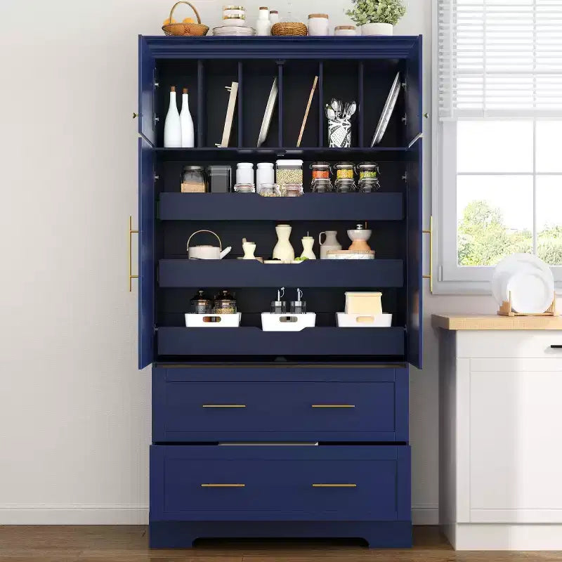 72-Inch Freestanding Kitchen Pantry Cabinet with Drawers, Pull-Out Trays, and Cake Pan Storage