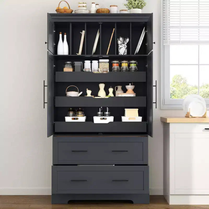 72-Inch Freestanding Kitchen Pantry Cabinet with Drawers, Pull-Out Trays, and Cake Pan Storage