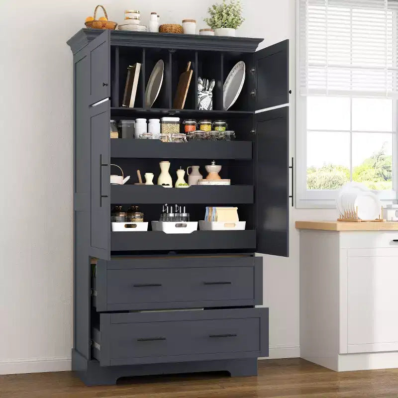 72-Inch Freestanding Kitchen Pantry Cabinet with Drawers, Pull-Out Trays, and Cake Pan Storage