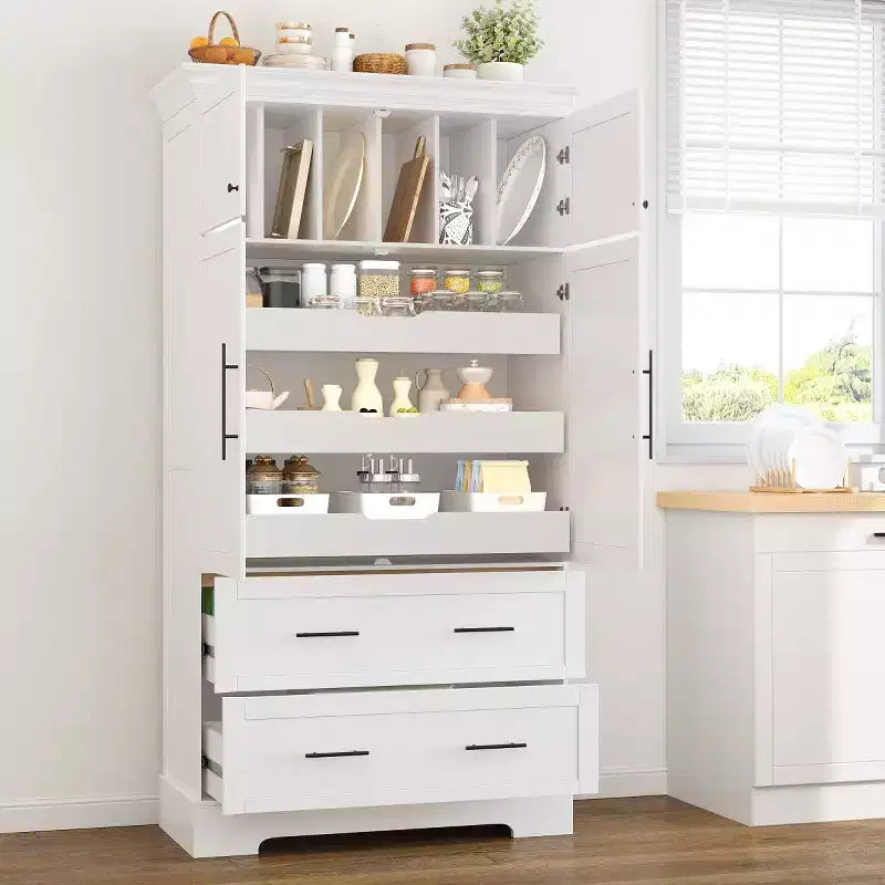 72-Inch Freestanding Kitchen Pantry Cabinet with Drawers, Pull-Out Trays, and Cake Pan Storage