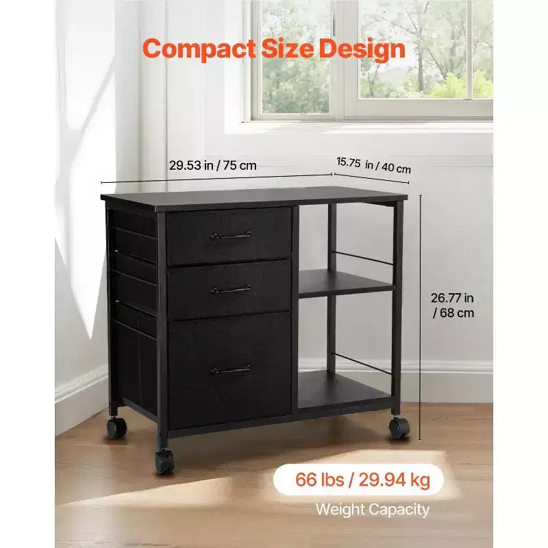 Mobile Metal File Cabinet with 3 Fabric Drawers, 2 Open Shelves, Fits Letter/A4/Legal, Locking Casters, Black