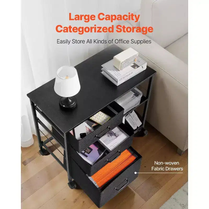 Mobile Metal File Cabinet with 3 Fabric Drawers, 2 Open Shelves, Fits Letter/A4/Legal, Locking Casters, Black