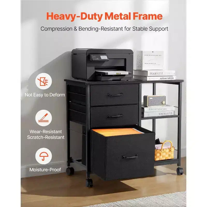 Mobile Metal File Cabinet with 3 Fabric Drawers, 2 Open Shelves, Fits Letter/A4/Legal, Locking Casters, Black