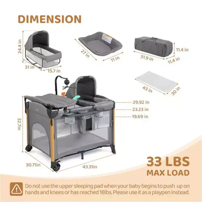 7-in-1 Bassinet & Bedside Crib Nursery Center with Changing Table, Gray