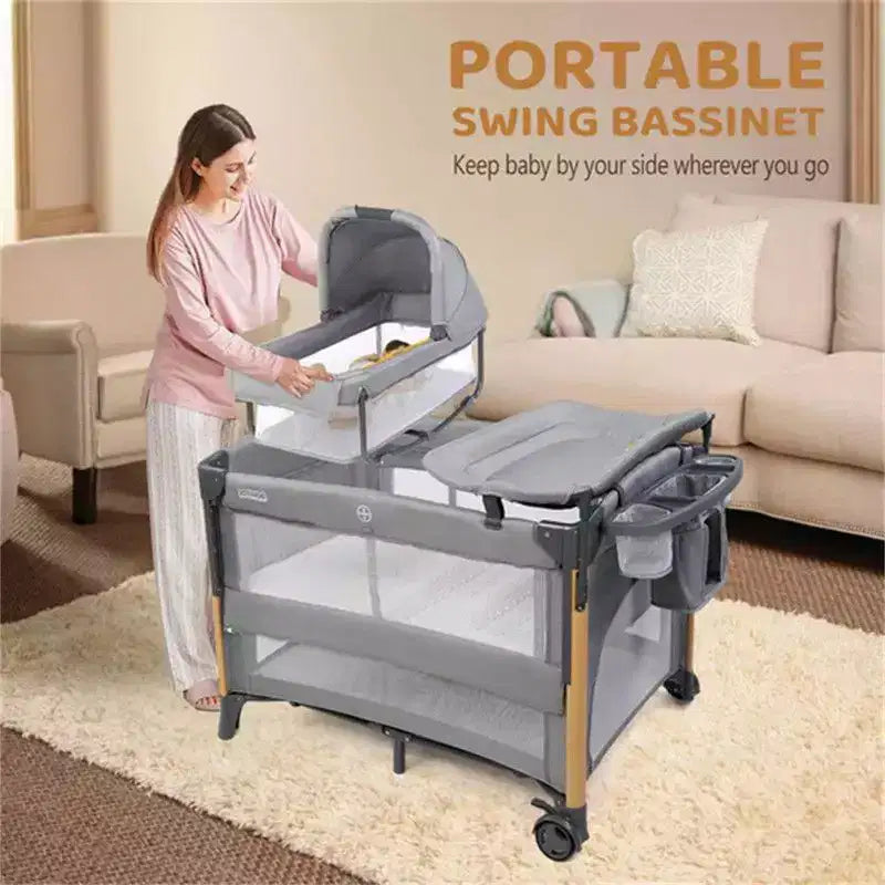 7-in-1 Bassinet & Bedside Crib Nursery Center with Changing Table, Gray