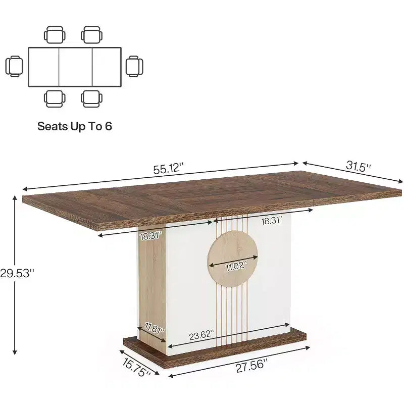 55" Rectangular Dining Table for 4–6, Farmhouse Style, Oak Brown & White