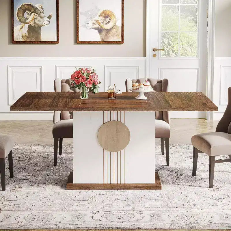55" Rectangular Dining Table for 4–6, Farmhouse Style, Oak Brown & White