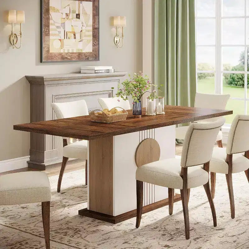55" Rectangular Dining Table for 4–6, Farmhouse Style, Oak Brown & White