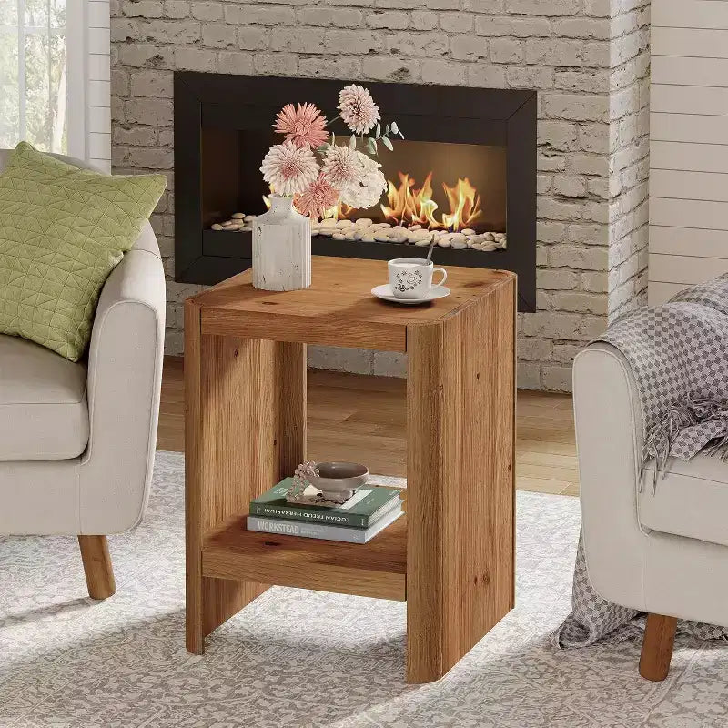 Solid Wood 2-Tier End Table with Open Storage Shelf