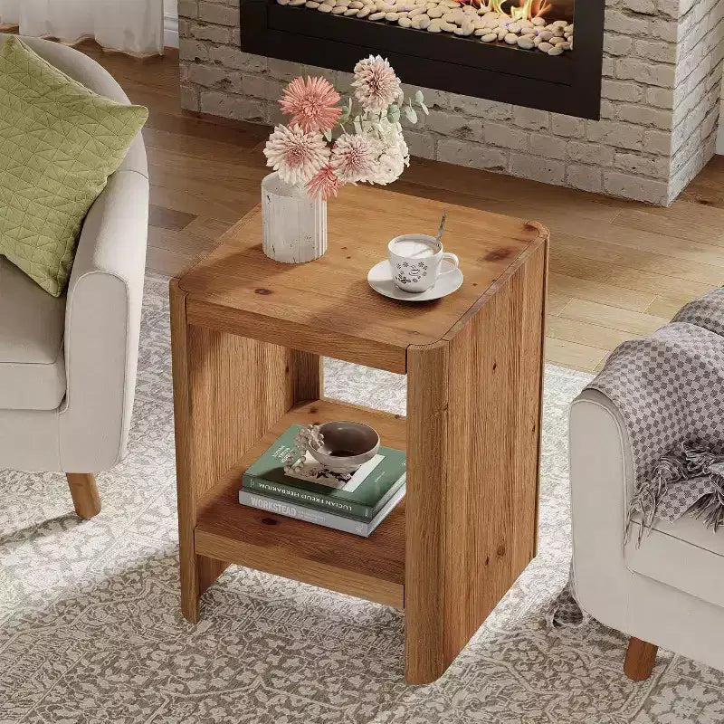 Solid Wood 2-Tier End Table with Open Storage Shelf