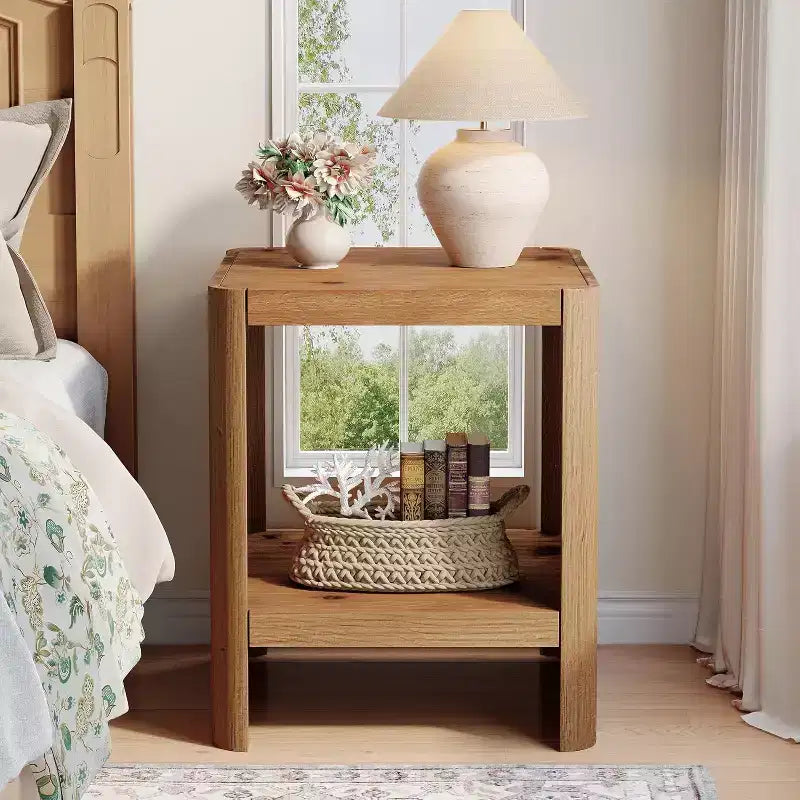 Solid Wood 2-Tier End Table with Open Storage Shelf