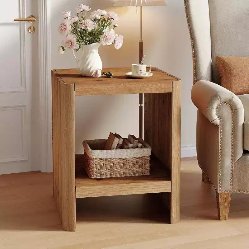 Solid Wood 2-Tier End Table with Open Storage Shelf