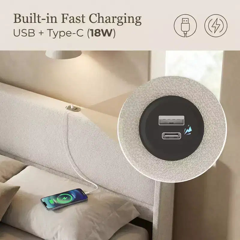 Modern Upholstered Storage Bed with Charging Station