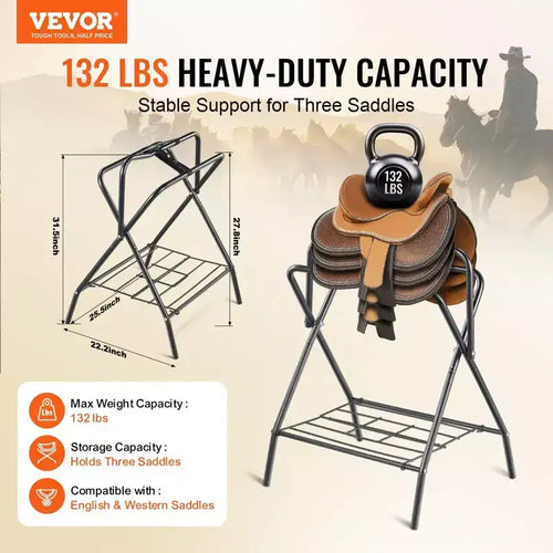 2-Pack Folding Saddle Rack, Heavy-Duty Steel, Freestanding Portable Holder for English and Western Saddles, Tack Storage, Black