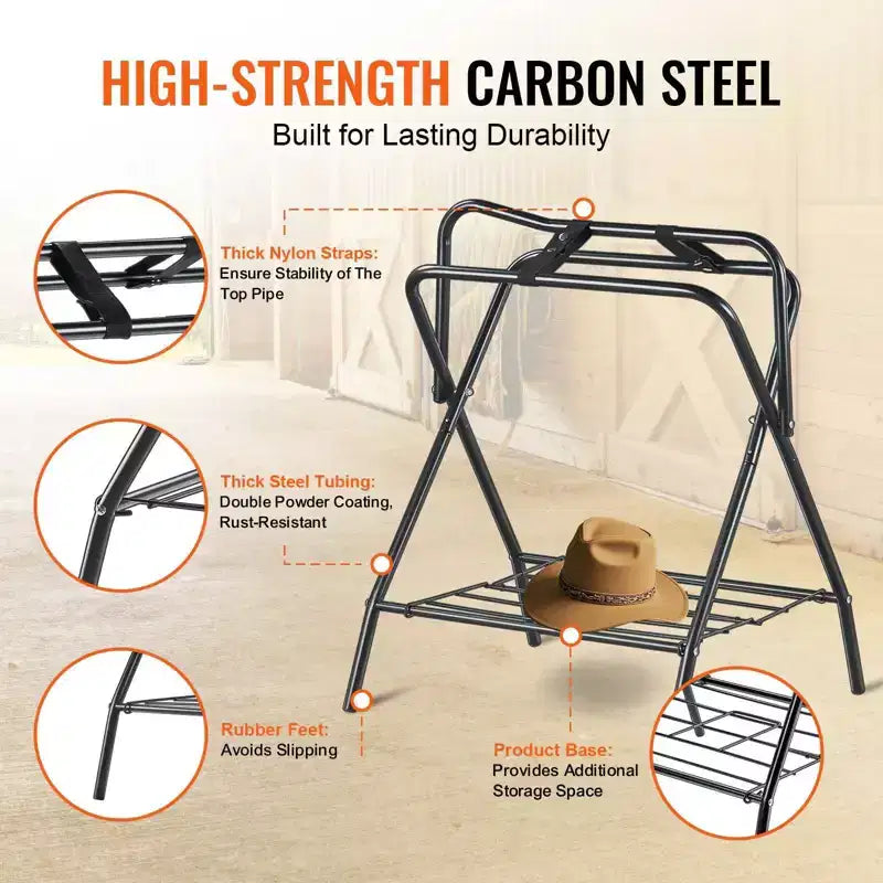 2-Pack Folding Saddle Rack, Heavy-Duty Steel, Freestanding Portable Holder for English and Western Saddles, Tack Storage, Black