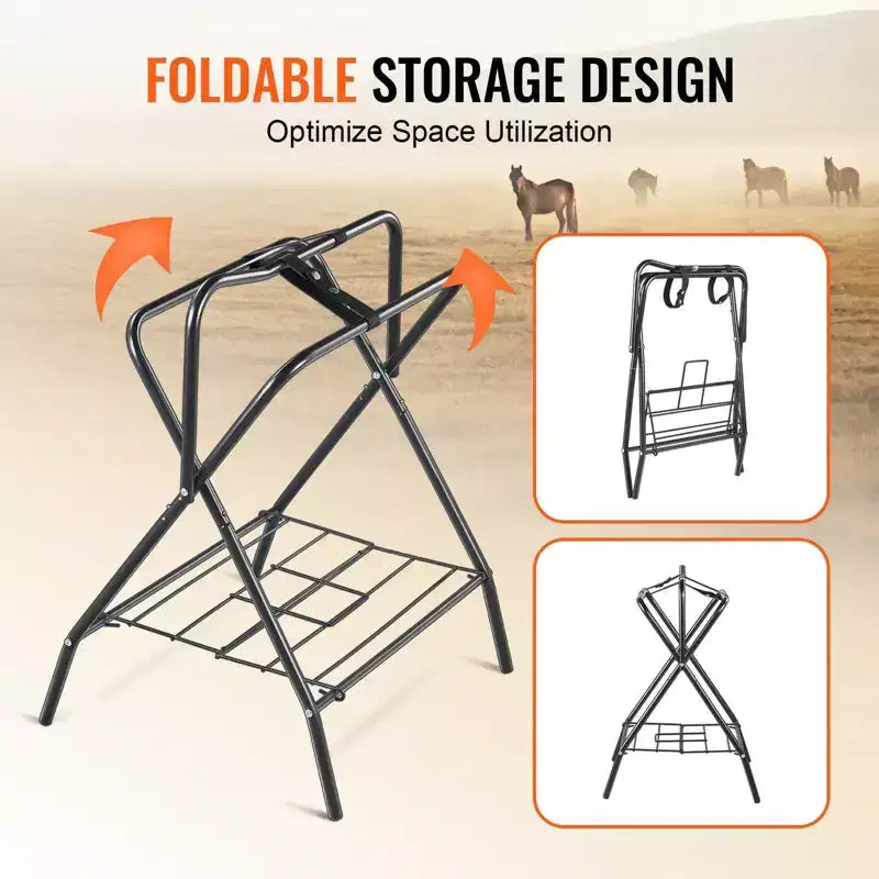 2-Pack Folding Saddle Rack, Heavy-Duty Steel, Freestanding Portable Holder for English and Western Saddles, Tack Storage, Black