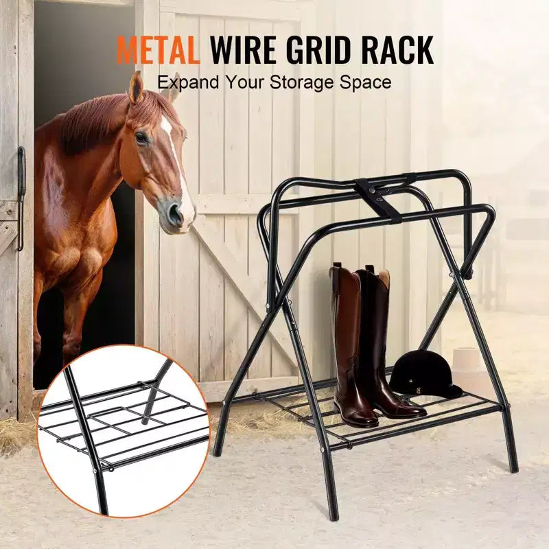2-Pack Folding Saddle Rack, Heavy-Duty Steel, Freestanding Portable Holder for English and Western Saddles, Tack Storage, Black