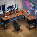 66 Inch Brown L-Shaped Computer Desk with Charging Station, 4 Fabric Drawers and 2 Monitor Stands