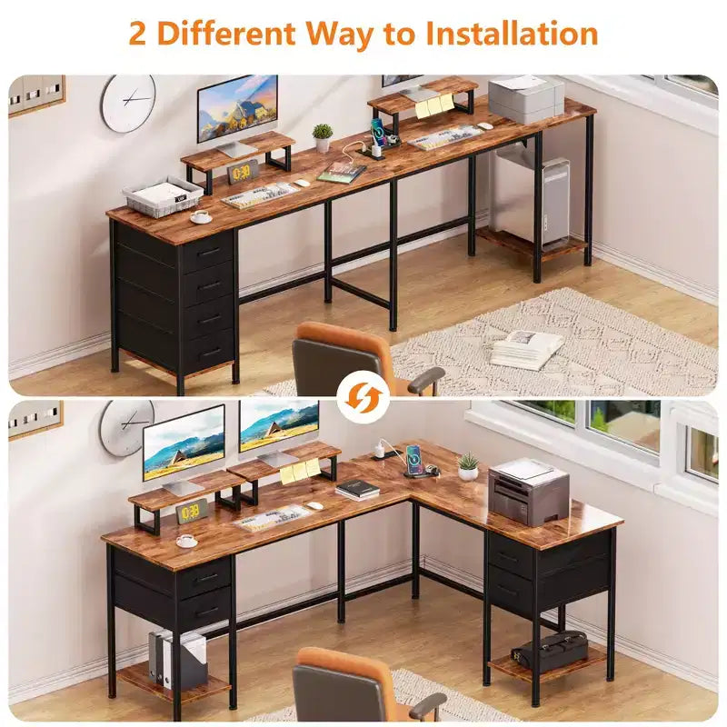 66 Inch Brown L-Shaped Computer Desk with Charging Station, 4 Fabric Drawers and 2 Monitor Stands