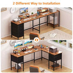 66 Inch Brown L-Shaped Computer Desk with Charging Station, 4 Fabric Drawers and 2 Monitor Stands