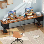66 Inch Brown L-Shaped Computer Desk with Charging Station, 4 Fabric Drawers and 2 Monitor Stands