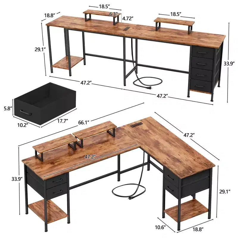 66 Inch Brown L-Shaped Computer Desk with Charging Station, 4 Fabric Drawers and 2 Monitor Stands