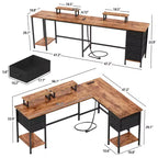 66 Inch Brown L-Shaped Computer Desk with Charging Station, 4 Fabric Drawers and 2 Monitor Stands