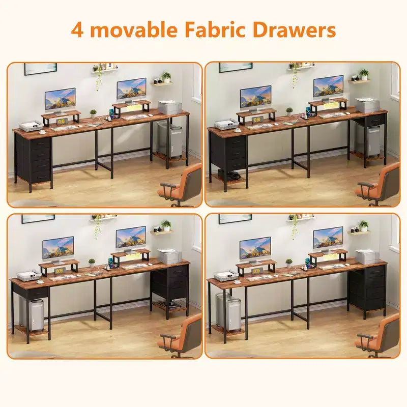 66 Inch Brown L-Shaped Computer Desk with Charging Station, 4 Fabric Drawers and 2 Monitor Stands