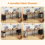 66 Inch Brown L-Shaped Computer Desk with Charging Station, 4 Fabric Drawers and 2 Monitor Stands