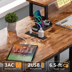 66 Inch Brown L-Shaped Computer Desk with Charging Station, 4 Fabric Drawers and 2 Monitor Stands