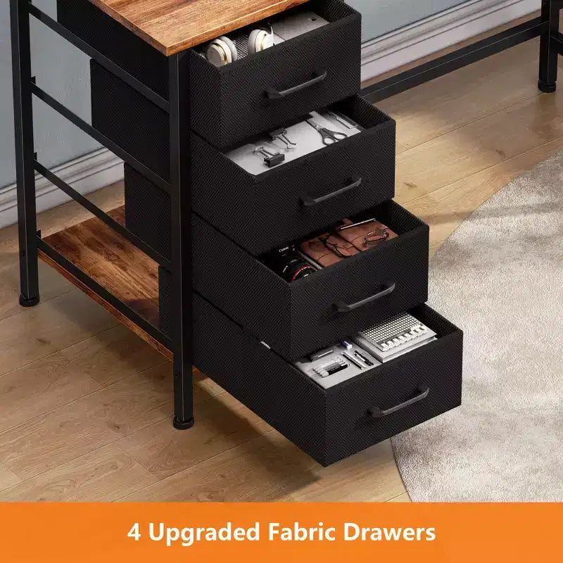 66 Inch Brown L-Shaped Computer Desk with Charging Station, 4 Fabric Drawers and 2 Monitor Stands