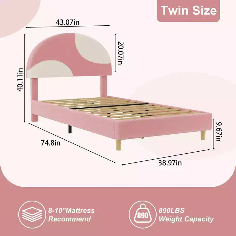 Twin/Full Platform Bed Frame – Round Arch Headboard, Pink Teddy Fabric