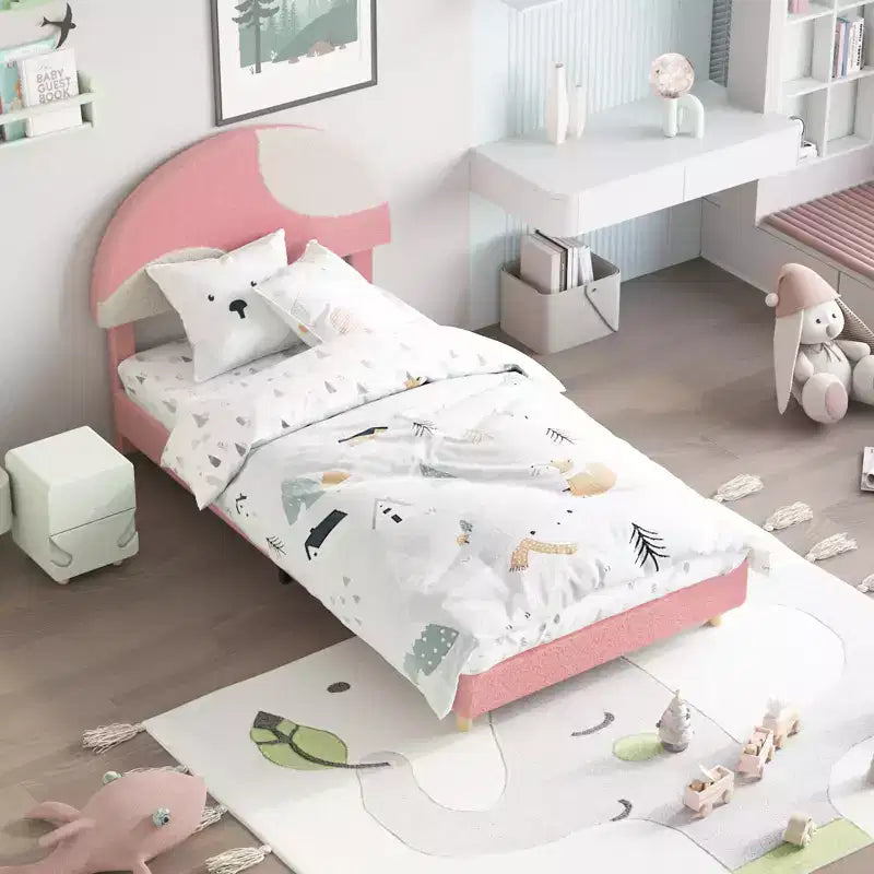 Twin/Full Platform Bed Frame – Round Arch Headboard, Pink Teddy Fabric