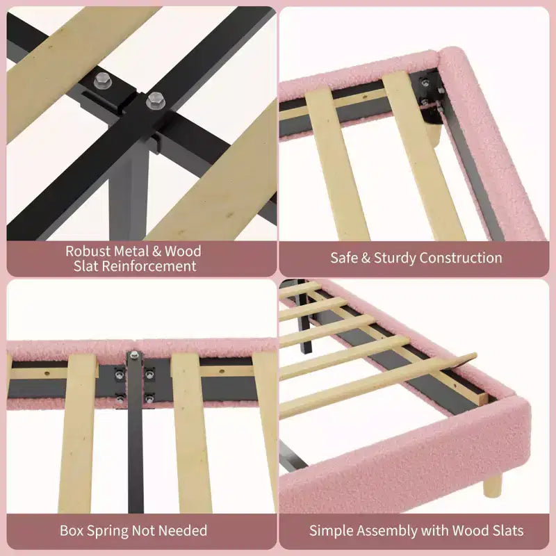 Twin/Full Platform Bed Frame – Round Arch Headboard, Pink Teddy Fabric