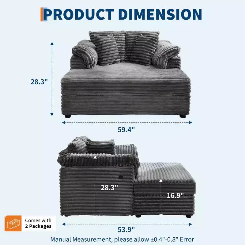 60-Inch Oversized Chaise Lounge with USB Charging Ports